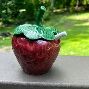 Vintage MCM Ceramic Strawberry Honey Sugar Dish with mini spoon